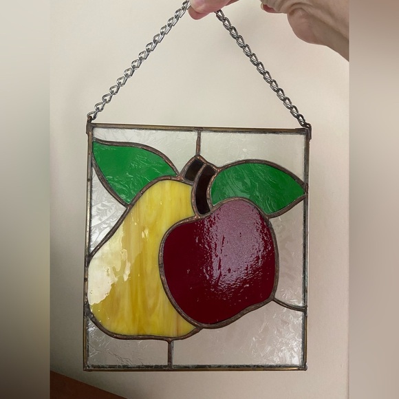 Vintage Stained Glass Apple & Pear Hanging Sun-catcher Art Signed - Picture 1 of 8